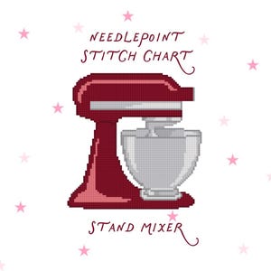 May include: A needlepoint stitch chart featuring a pixelated illustration of a dark red stand mixer with a silver bowl. The text "NEEDLEPOINT STITCH CHART" appears above the mixer, and "STAND MIXER" appears below it, all set against a white background with scattered light pink stars.