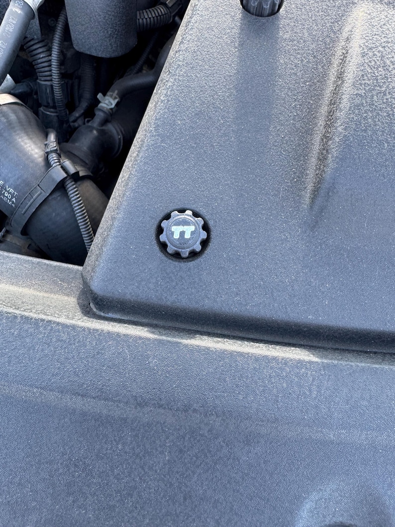 May include: Close-up of a black car engine component. A small, circular cap with the letters "TT" in white is centered on a textured, dark gray surface. The cap has a gear-like edge.
