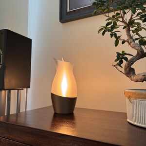 May include: A modern, decorative lamp with a warm, glowing light. The lamp has a dark base and a white, curved top. It sits on a dark wooden surface, next to a bonsai tree in a decorative pot. The lamp's design resembles a flame.
