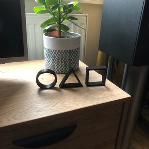 May include: Three black geometric shapes, a circle, a triangle, and a square, are arranged on a wooden surface. A potted plant with green leaves is in the background.