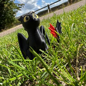 May include: A black dragon figurine with yellow eyes and red wing accents sits in green grass. The dragon is posed with its wings spread, and the background includes a fence, a path, and a blue sky with clouds.