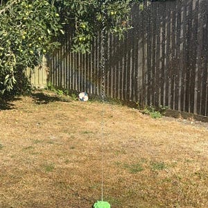 May include: A colorful pi&ntilde;ata hanging from a tree, spraying water. A blue hose connects to a green sprinkler on the ground. A soccer ball sits on the dry grass. The scene is outdoors on a sunny day.