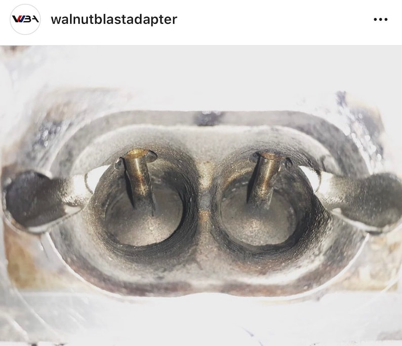 May include: Close-up of two intake ports on an engine manifold. The ports are circular and have a smooth, metallic finish. Two small, gold-colored screws are visible in the center of each port.
