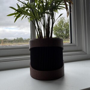 May include: A potted plant with long, green leaves and brown stems sits in a decorative, cylindrical planter. The planter has a dark brown, ribbed center and a lighter brown rim. The plant is placed on a white windowsill.