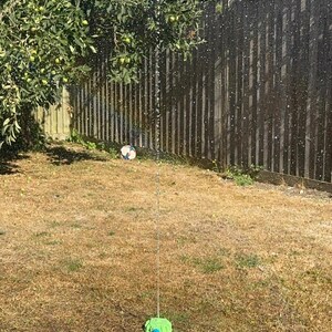 May include: A colorful sprinkler sprays water in a backyard. The sprinkler is red, blue, green, and yellow. A soccer ball sits on the dry grass. A blue hose connects to the sprinkler base.
