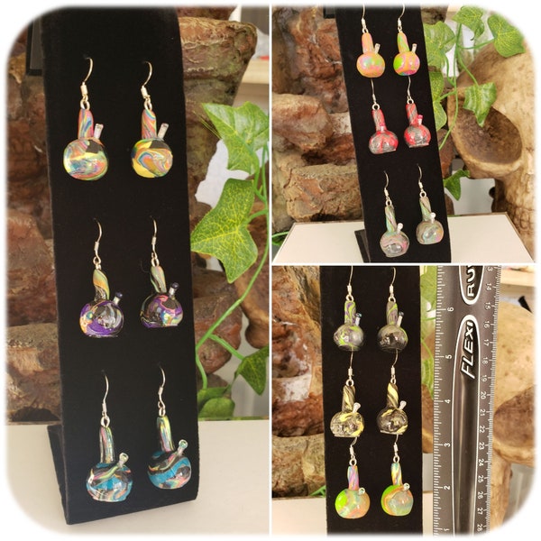 Tiny realistic bong water pipe dainty  earrings stoner goth rave budtender valentine gift club festival jewelry glow in blacklight colorful