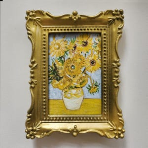 Peinture acrylique originale ACEO Tournesol Van Gogh miniature fait main style vintage dans un cadre doré