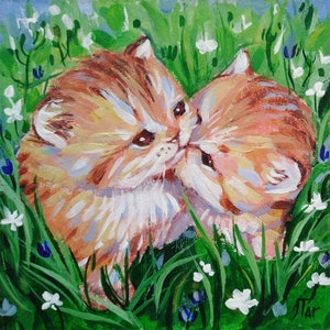 Pintura acrílica original de un lindo gatito con flores, 5 x 5