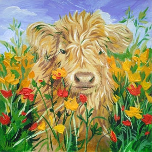 Arte de pintura de vaca Retrato acrílico original Campo de flores 8 x 8 pulgadas