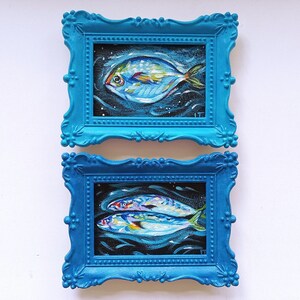 ACEO SET Fisch Original Acrylgemälde Handarbeit Vintage Stil in blauen Rahmen