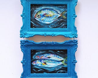ACEO SET Fish acrylic painting handmade vintage style in blue frame