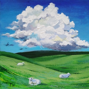 Paisaje original de ovejas en el campo, obra de arte de colinas verdes, 8 x 8 pulgadas, pintura acrílica de cielo nublado, arte de pared empastado