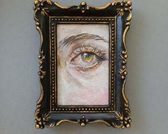 Peinture acrylique oeil d'art originale ACEO encadrée, détails de portrait humain miniature