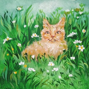 Pequeña pintura acrílica original de gato jengibre en un campo de flores, arte de pared de 6 x 6