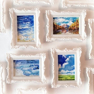 ACEO SET Paisaje Pintura acrílica original hecha a mano estilo vintage en marco blanco Paisaje marino ola de mar empasto nubes