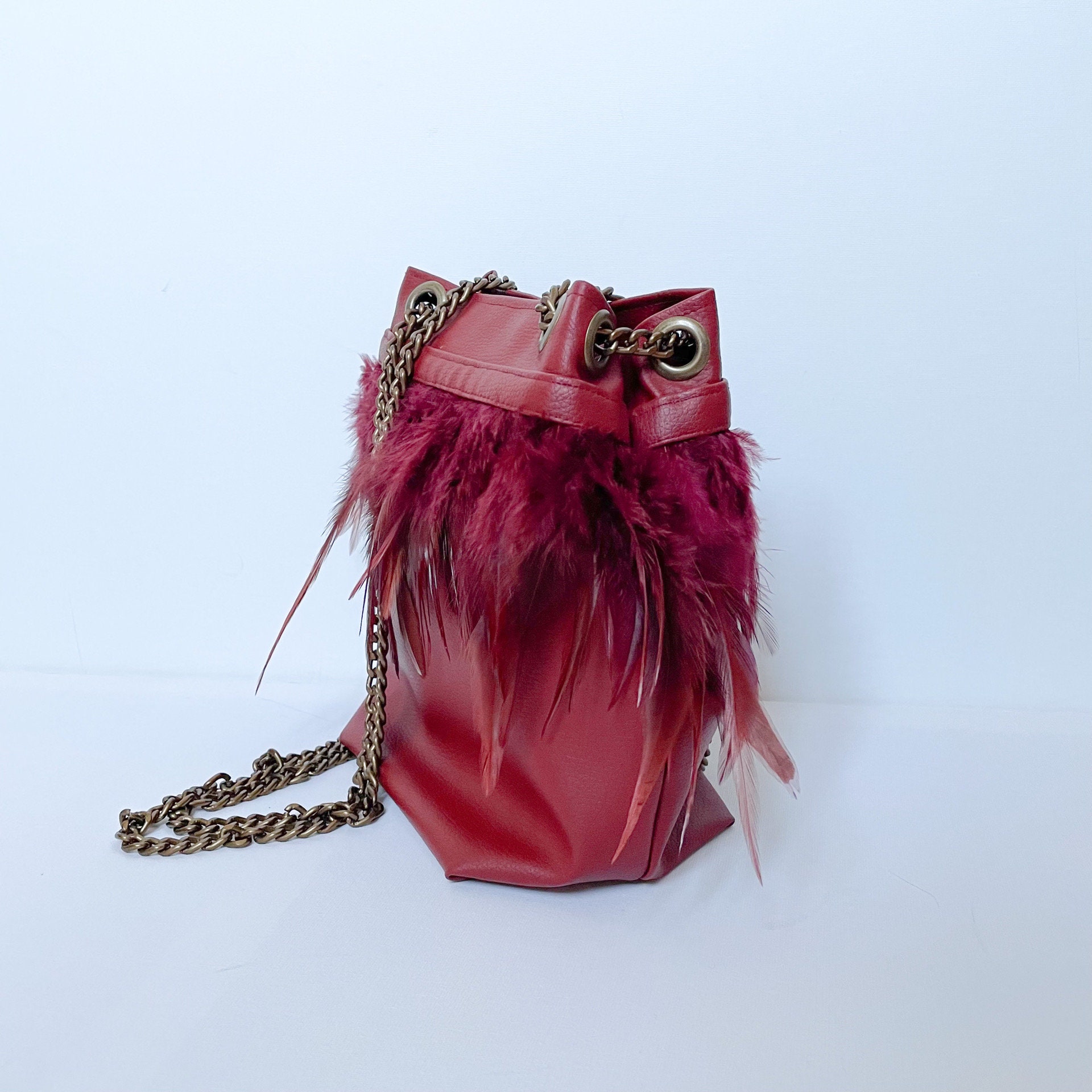 Ostrich Feather Bucket Bag, Flame, Large