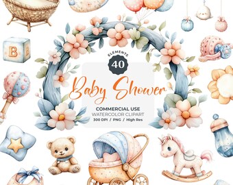 Aquarel shabby chic babyshower clipart, erfstuk kwekerij lenteset, knuffels, png