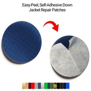 May include: Navy blue, self-adhesive down jacket repair patches. The image shows a circular patch with a textured surface, and a patch with the backing partially peeled away. Text at the top reads: Easy-Peel, Self-Adhesive Down Jacket Repair Patches.