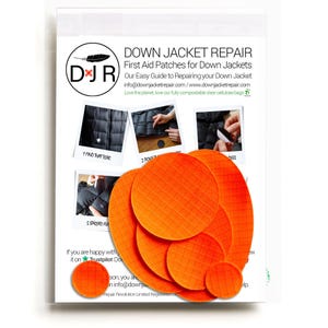 May include: A set of six orange fabric patches for repairing down jackets. The patches are round and have a quilted pattern. The text on the packaging reads "Down Jacket Repair First Aid Patches for Down Jackets Our Easy Guide to Repairing your Down Jacket info@downjacketrepair.com/www.downjacketrepair.com Love the planet, love our fully compostable clear cellulose bags".