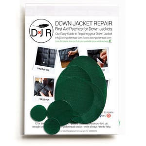 May include: A set of green fabric patches for repairing down jackets. The patches are in various sizes and are packaged in a clear plastic bag. The packaging includes instructions for finding and repairing tears in down jackets. The text on the packaging reads "Down Jacket Repair First Aid Patches for Down Jackets Our Easy Guide to Repairing your Down Jacket info@downjacketrepair.com/www.downjacketrepair.com Love the planet, love our fully compostable clear cellulose bags".