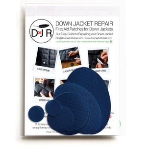 May include: A set of blue fabric patches for repairing down jackets. The patches are in various sizes and shapes, including circles and ovals. The image includes instructions for using the patches, such as "Find that tear", "Poke those", "Select & Peel", and "Spread Flat".