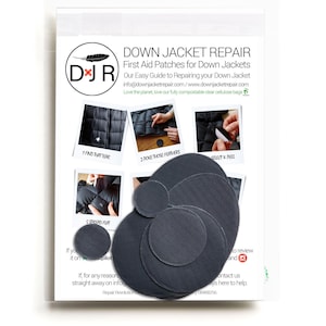 May include: A set of five round, dark gray fabric patches for repairing down jackets. The patches are arranged in a circle with the largest patch in the center. The text "DOWN JACKET REPAIR" is visible at the top of the image.