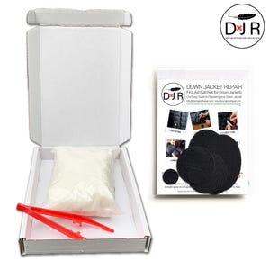 Recharge et kit de réparation en duvet d'oie : 5 g de duvet d'oie pur de source éthique + 7 patchs imperméables auto-adhésifs pour des réparations rapides et faciles.