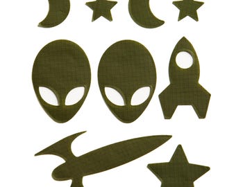SPACE-Olive Green selbstklebende Daunenjacke Reparatur-Set - 9 Patches für Daunenjacken, Schlafsäcke, Zelte & Outdoor-Ausrüstung