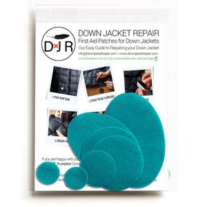 May include: A set of teal fabric patches for repairing down jackets. The patches are in various sizes and shapes, including circles and ovals. The patches are arranged in a semi-circle on a white background. The text "DOWN JACKET REPAIR" is visible in the background.
