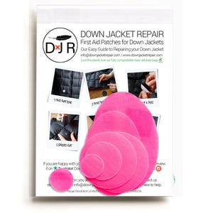 May include: A set of pink fabric patches for repairing down jackets. The patches are in various sizes and are shown on a white background with instructions for use. The text on the image reads "Down Jacket Repair First Aid Patches for Down Jackets Our Easy Guide to Repairing your Down Jacket info@downjacketrepair.com/www.downjacketrepair.com Love the planet, love our fully compostable clear cellulose bags".