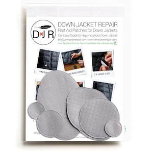 May include: A set of six gray fabric patches for repairing down jackets. The patches are in various sizes and are arranged in a circle. The text "DOWN JACKET REPAIR" is visible at the top of the image.