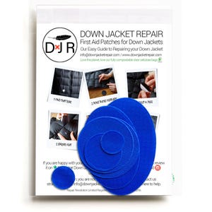 May include: A package of blue down jacket repair patches in various sizes. The package includes instructions and the text "DOWN JACKET REPAIR" and "First Aid Patches for Down Jackets". The patches are circular and made of a textured material.