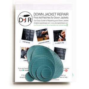 May include: A set of six teal-coloured, round, fabric patches with a grid pattern. The patches are arranged in a circle, with the largest patch at the bottom and the smallest patch at the top. The patches are designed to repair tears in down jackets. The text on the card reads "Down Jacket Repair First Aid Patches for Down Jackets Our Easy Guide to Repairing your Down Jacket info@downjacketrepair.com/www.downjacketrepair.com Love the planet, love our fully compostable clear cellulose bags".