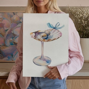 マティーニの弓の貝殻のカクテルの絵画、流行のコケットのレトロアート、夏のパイント、バーカートのアートプリント、カクテルの壁アート、アルコールポスター
