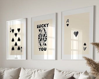 Retro Wall Art Set Of 3, Lucky You Poster, Black Card Poster, Playing Cards Colorful Wall Art, Queen Funky Art Print, Modern Wall Art