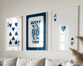 Retro Wall Art Set Of 3, Lucky You Poster, Navy blue Card Poster, Playing Cards Colorful Wall Art, Queen Funky Art Print, Modern Wall Art