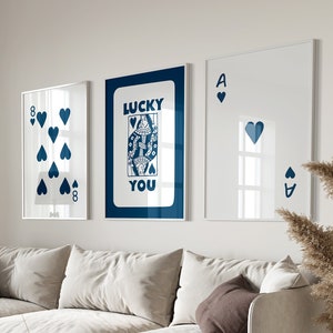 Retro Wall Art Set Of 3, Lucky You Poster, Navy blue Card Poster, Playing Cards Colorful Wall Art, Queen Funky Art Print, Modern Wall Art