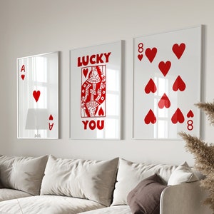 Retro Wall Art Set Of 3, Lucky You Poster, Pink Card Poster, Playing Cards Colorful Wall Art, Queen Funky Art Print, Modern Wall Art