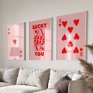 Retro Wall Art Set Of 3, Lucky You Poster, Pink Card Poster, Playing Cards Colorful Wall Art, Queen Funky Art Print, Modern Wall Art
