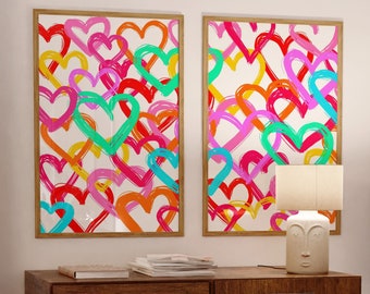 Colorful hearts wall art, preppy wall art, vibrant trendy poster, pink orange wall art, Graffiti Funky art, college teen girl room decor