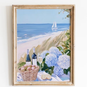 Sztuka pikniku na plaży, wydruk wnuczki nadmorskiej, sztuka ścienna z niebieską hortensją, dekoracja ścienna do kuchni, wydruk wschodniego wybrzeża, wydruk kowbojki nadmorskiej