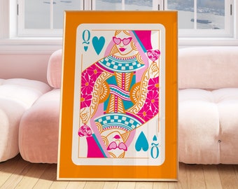 queen of hearts playing card trendy poster, dopamine wall decor, hot pink orange art, maximalist poster, funky art print, lucky you wall art