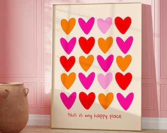 Colorful hearts wall art, Pink orange print, Bright wall art, Abstract hearts art, Preppy wall art, College room decor, Trendy Dorm decor