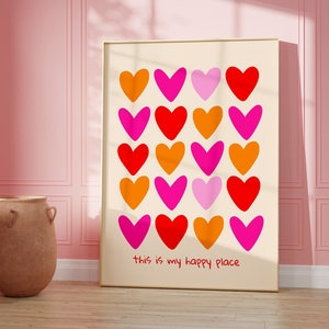 Colorful hearts wall art, Pink orange print, Bright wall art, Abstract hearts art, Preppy wall art, College room decor, Trendy Dorm decor