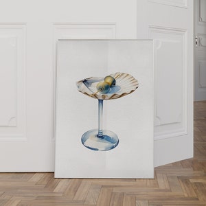 Obraz przedstawiający koktajl Martini z muszlą, Modna niebieska sztuka retro w stylu nadmorskim, Letni wydruk domu na plaży nadmorskiej, Wydruk sztuki wózka barowego, Sztuka ścienna koktajlowa