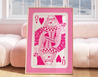 cartel de naipes reina rosa de corazones, decoración de pared de dopamina, impresión de arte preppy, impresión retro funky, suerte, decoración de la habitación de la chica adolescente de moda