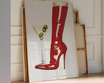 Kunst aan de muur Martini rode laarzen, barwagen kunstprint, cocktailmuurkunst, mode-icoon poster, kunst aan de rode muur, retro kunst, trendy print