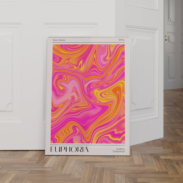 Euphoria Wandkunst, Retro abstrakter Farbverlauf Poster, ästhetischer Druck, Vintage Euphorie Druck, Trendy holografischer Druck in Pink und Orange