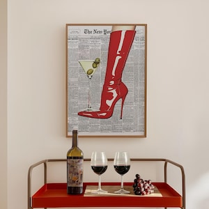 Martini Red Boots Wall Art, Bar cart art print, Cocktail wall art, Fashion Icon Poster, Red Retro Art, Trendy print, Vintage Newspaper Print