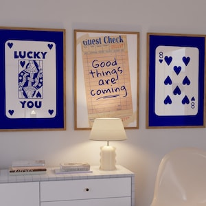 Navy Blue Lucky You Set of 3, Guest Check Print, , Preppy room decor, Blue preppy aesthetic wall art, Teen room decor,  Print bar cart